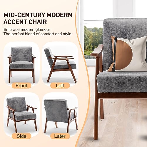Furnimart Grey Accent Chair, Mid Century Modern Living Room Chair with Wood Frame, Comfy Armchair Wingback Chair for Office Study Vanity Bedroom Waiting Room Furnimart