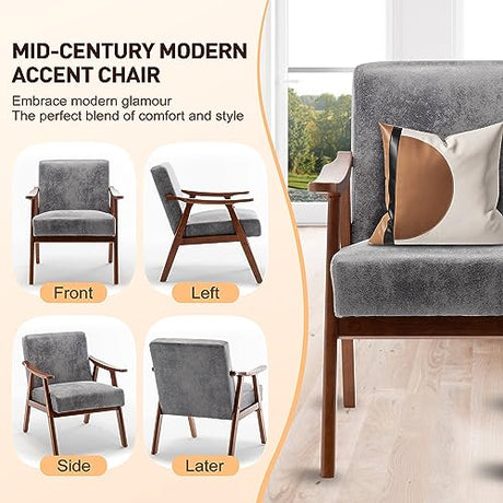 Furnimart Grey Accent Chair, Mid Century Modern Living Room Chair with Wood Frame, Comfy Armchair Wingback Chair for Office Study Vanity Bedroom Waiting Room Furnimart