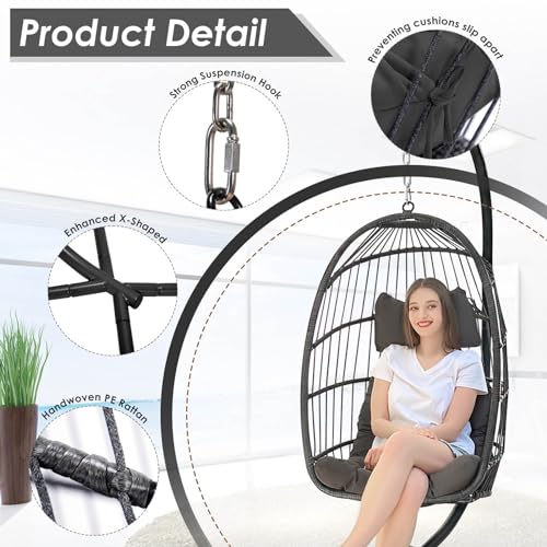 NICESOUL® Egg Chair Indoor Outdoor Patio Wicker Hanging Egg Chair Swing Egg Basket Chairs with Stand UV Resistant Cushions 350lbs Capacity for Outside Backyard Balcony Xmas Gift