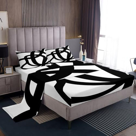 jejeloiu Stripe Line Sheet Set King Size Kids Geometric Sheets with Deep Pocket Fitted Sheet for Boys Girls Teens Black and White Bed Sheets Set Breathable Abstract Bedding Room Decor Modern Art jejeloiu