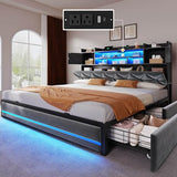 DWVO King Size Bed Frame with RGB LED Lights & Storage Bookcase Headboard, Upholstered Bed with Charging Station and 4 Drawers, No Box Spring Needed, Easy Assembly, Noise-Free, Velvet Grey DWVO