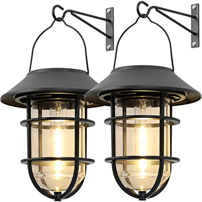 Upgrade Solar Outdoor Lights, Hanging Solar Lantern, Waterproof Solar Lights with Wall Mount Kit for Garden Patio Porch Fence Decor 2 Pack
