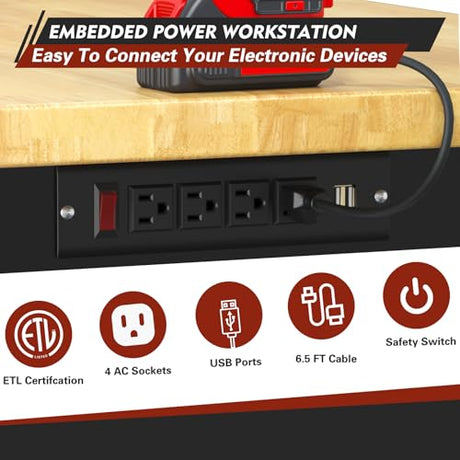 48 "Adjustable Workbench with Drawers, Heavy Duty Work Bench with Wheels & Power Outlets, 2000 LBS Load Capacity Wooden Workbench top for Garage, Workshop, Office, Home Big Lighting Deals