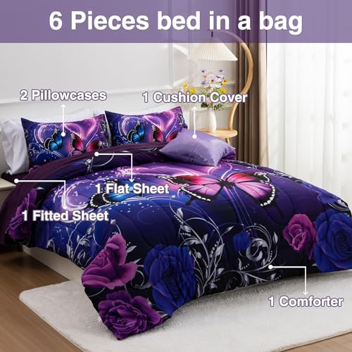 A Nice Night Galaxy 6pcs Bed in a Bag Purple and Blue Dreamy 3D Butterfly Printed, Butterflies Bedding Full Comforter Set, for Girls Kids Teens A Nice Night