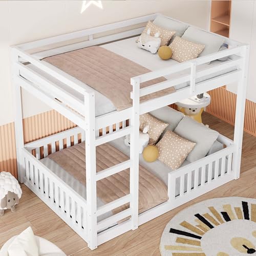 Bellemave Full Over Full Bunk Bed with Ladders Wood Bunk Beds with Full-Length Guardrails Floor Bunk Bed Frame for Kids, Boys, Girls, No Spring Box Needed, Pure White Bellemave