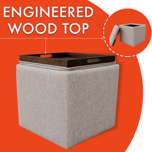 HomePop Home Decor Storage Ottoman with Tray Top|Upholstered Modern Square Storage Ottoman with Storage for Living Room & Bedroom, Light Brown Woven HomePop
