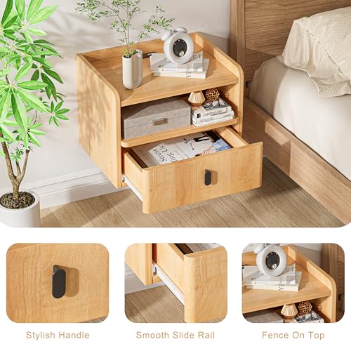 GENGKHAN Floating Nightstand Set of 2, Modern Wall Mount Bedside Table with Drawer & Open Shelf, Space-Saving Night Stands with Charging Station, Natural Wood Finish for Bedroom GENGKHAN