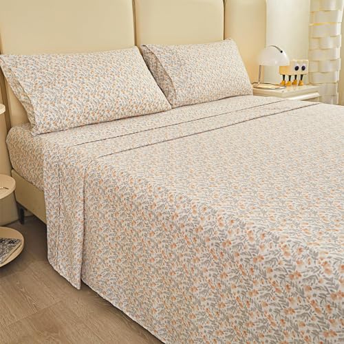 Viviland Floral Full Sheet Set - 4 Piece Vintage Light Orange Flower Patterned Bed Sheets - Soft, Breathable Microfiber Sheets with Deep Pocket, Non-Slip Fitted Sheets & Pillowcases Viviland
