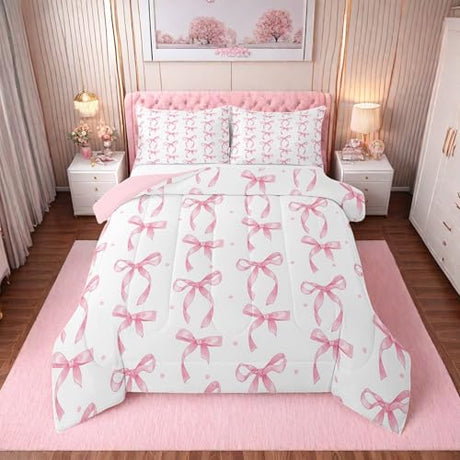 Erosebridal Cute Pink Bow Twin Bedding Set for Girls,Ribbon Bow Knot Comforter Set for Kids Kawaii Room Decor,Princess Bowknot Bed Set Girly Pink Bows Bedding Comforter Sets,1 Pillowcase Erosebridal