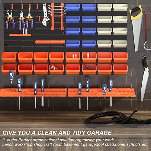 52PCS Wall Mounted Storage Bins Garage Storage Drawers with 4PCS Wall Mounting Peg Boards Workshop Parts Rack Container Tool Organizer Easy Access Compartments for Hardware Crafts Office Supplies RELIANCER