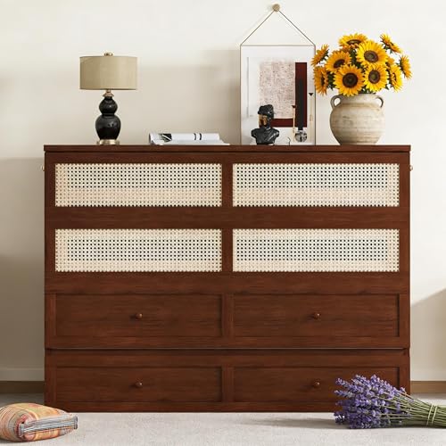 KMBOHE Queen Size Murphy Cabinet Bed with Storage Drawer, Farmhouse Style Pine Wood Wall Bed with Rattan Decoration, Space Saving Folding Bed for Apartment, Guest Room and Office, Walnut KMBOHE