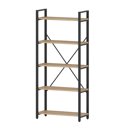 FATORRI 5-Tier Rustic Oak Industrial Bookshelf – Stylish Wood and Metal Etagere Bookcase - WoodArtSupply