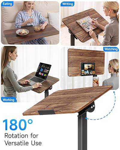 BIZUM Mobile Standing Desk Laptop Desk Pneumatic with Wheels 180° Tilt Top Hospital Bed Table Portable Rolling Cart Foldable Bedside Table for Hospital&Home Use, Walnut BIZUM