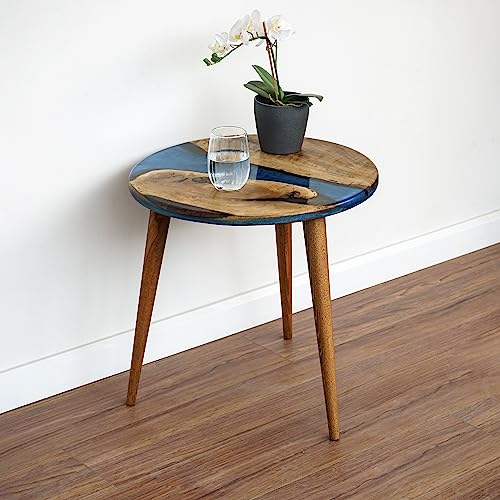 20" Resin Walnut Round Side Table | Epoxy End Table | Coffee Table | Mid Century Modern Resin Walnut | Living Room Furniture | Blue Color Ultimate Premium Products
