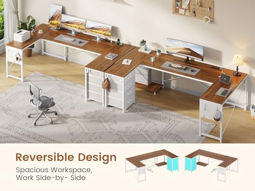 YIDUNLIFE L Shaped Desk, 67" Reversible Computer Desk with 4 Fabric Drawers and Power Outlet, Corner U Shaped Desks with Shelf and Pegboard for Home Office, Brown+White YIDUNLIFE