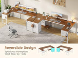 YIDUNLIFE L Shaped Desk, 67" Reversible Computer Desk with 4 Fabric Drawers and Power Outlet, Corner U Shaped Desks with Shelf and Pegboard for Home Office, Brown+White YIDUNLIFE