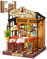 Rolife Miniature House Kit for Adults Tipsy Cat Bar DIY Wooden Dollhouse Kit Tiny Mini House Bookshelf Decor 3D Wooden Puzzle Hobby Crafts Gifts for Family Friends