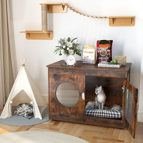 PETSITE 32.5 Inches Wooden Dog Crate Furniture, Decorative Industrial Indoor Dog Kennel Cage with Translucent Window, and Lockable Door, Pet House End Table Ideal for Small and Medium Dogs PETSITE