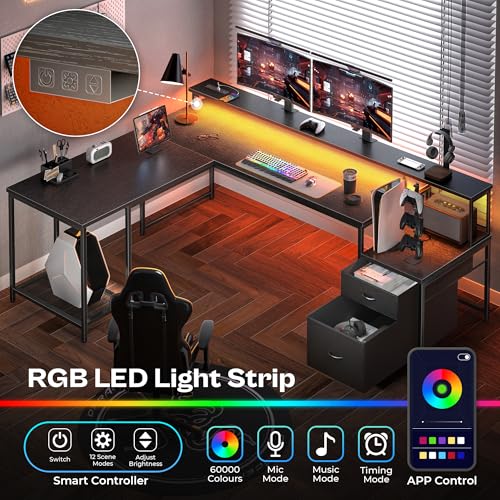 PRAISUN 66" L Shaped Gaming Desk with LED Lights & Power Outlets, Computer Desk with Fabric Drawers and Print Stand, Corner Office Desk, Monitor Stand, Mesh CPU Stand, Black PRAISUN