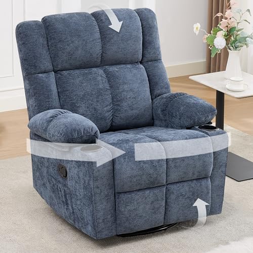Coziture 360°Swivel Rocker Recliner Chair,Rocking Recliner Chair with Adjustable Headrest for Adults,Upholstered Fabric Rocking Chair Swivel for Bedroom,Living Room,Blue
