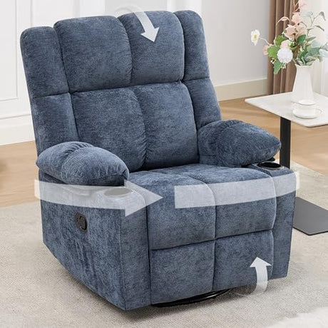 Coziture 360°Swivel Rocker Recliner Chair,Rocking Recliner Chair with Adjustable Headrest for Adults,Upholstered Fabric Rocking Chair Swivel for Bedroom,Living Room,Blue Coziture