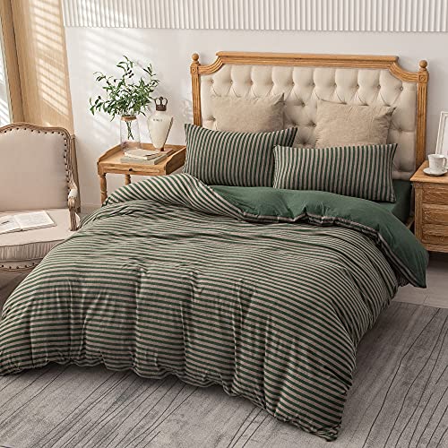 PURE ERA Jersey Knit Duvet Cover Set 100% T-Shirt Heather Cotton Super Soft Comfy Classic Striped Design, with Zipper Closure, Forest Green Stripe, Full PURE ERA