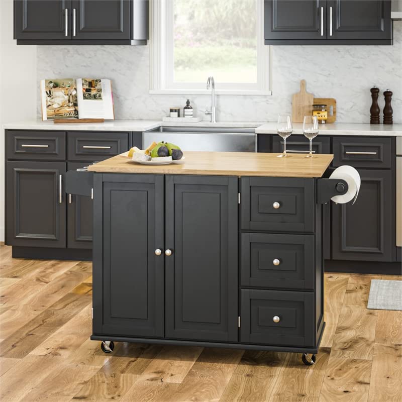 Pemberly Row Mobile Kitchen Island Cart w/Wood Drop Leaf Breakfast Bar in Black Pemberly Row
