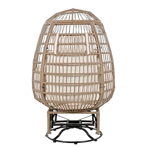 Merax Outdoor Swivel Chair with Cushions, Rattan Egg Patio Chair with Rocking Function for Balcony, Poolside and Garden,Natural+Beige Merax