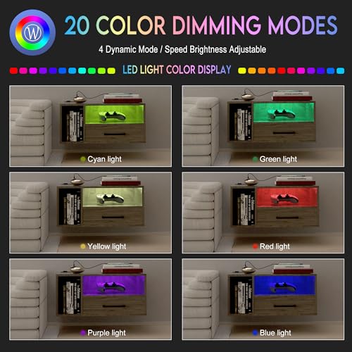 Bloddream Floating Nightstand with Charging Station and LED Light Strips, 21.3" Night Stand with Drawers, Floating Bedside with USB Ports and Outlets, Bedroom Furniture Bloddream