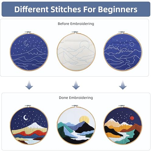 KEKEMEOW 3 Sets Embroidery Kit for Beginners, Stitches with Landscape of Mountains Patterns, DIY Cross Stitch Kits for Adults, Needlepoint Hand Embroidery Kit with Stamped Pattern、Instruction、Hoop