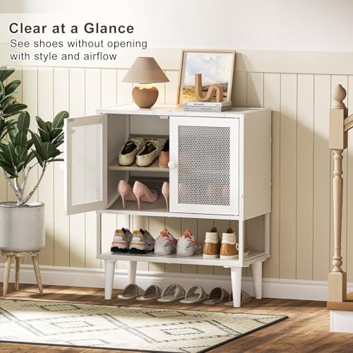 Shoe Storage Cabinet with Visible Mesh Doors for Entryway, Small Shoe Organizer Holds 12-16 Pairs of Shoes up to 11.8"L, Freestanding Wooden Shoe Rack with Front Door for Hallway, Living Room (White) Lyuwanxian
