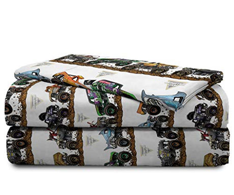 Jay franco Monster Jam Tracks 4 Piece Twin Bed Set - Includes Comforter & Sheet Set - Bedding Features Grave Digger & Megalodon - Super Soft Fade Resistant Microfiber (Official Monster Jam Product) Jay Franco