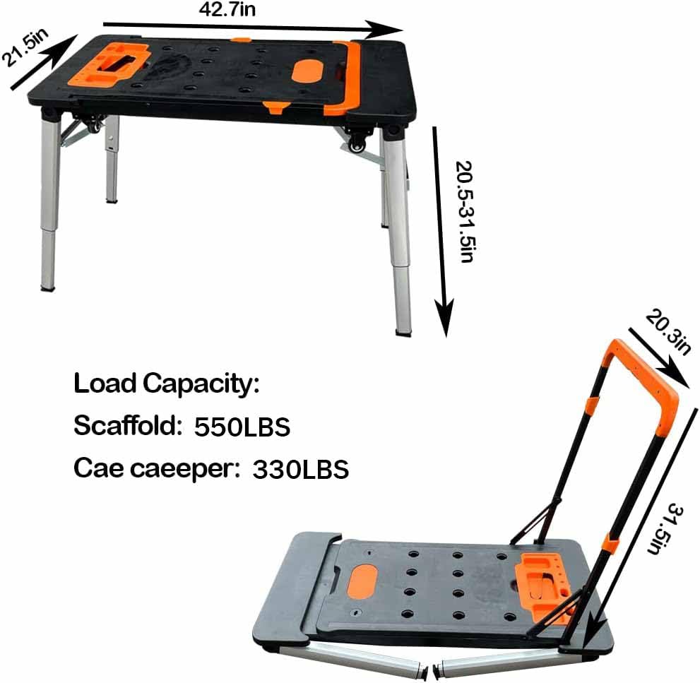 LEADALLWAY 7-in-1 Workbench Folding with Power Outlet and 33FT Long Power Cord Painted Work Table as Workbench, Scaffold,Platform,Sawhorse,Car Creeper and Hand Truck with 4 Wheels, Black LEADALLWAY