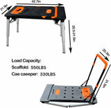 LEADALLWAY 7-in-1 Workbench Folding with Power Outlet and 33FT Long Power Cord Painted Work Table as Workbench, Scaffold,Platform,Sawhorse,Car Creeper and Hand Truck with 4 Wheels, Black LEADALLWAY