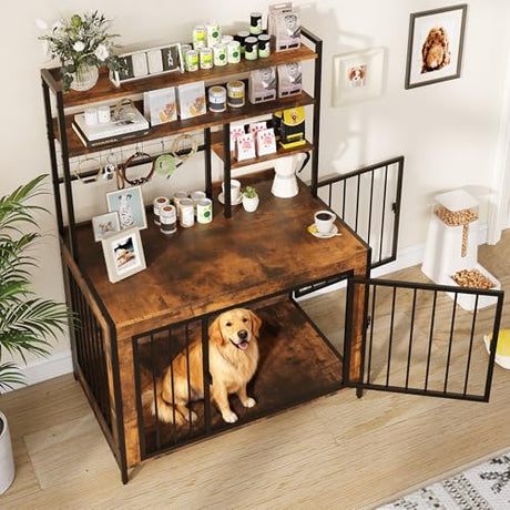 Halitaa 38.6" Dog Crate Furniture with Storage Shelves, Double Doors, Heavy Duty Dog Kennel Furniture for Large/Medium/Small Dogs, Wooden Dog Cage Pet House with Hooks, Rustic Brown Halitaa