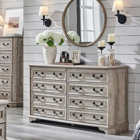 T4TREAM Farmhouse 8 Drawers Dresser for Bedroom, 54" Wide Wood Rustic Chest of Drawers with Natural Texture, Vintage Design, Storage Dressers Organizer for Bedroom, Living Room, Light Rustic Oak T4TREAM