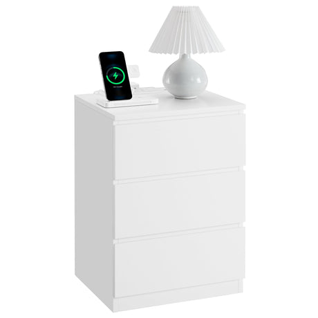 VASAGLE Nightstand with Charging Station, 2 AC Outlets and 2 USB Ports, Bedside Table, Side Table with 3 Drawers, Modern Style, 13.8 x 15.7 x 23.2 Inches, Cloud White ULET631W16 VASAGLE