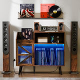 MULEJYBO Large Rustic Record Player Stand with Magnetic Door,350 Vinyl Record Storage Cabinet, Record Player Table with Power Outlet & LED Light,Turntable Stand with Wood Legs for Living Room,Office MULEJYBO
