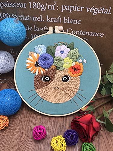 Mozzyyee Embroidery Starter kit, DIY Adult Beginner Embroidery Kits, Including Cloth with Cat Patterns, Colored Threads, Needles, Hoops and Instructions (Blue)