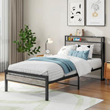BOFENG Twin Bed Frame with Wood Storage Headboard/USB Charging Station,Heavy Duty Metal Single Platform Bed Frames No Box Spring Needed,Heavy Duty Metal Slats,Noise Free,Greige BOFENG