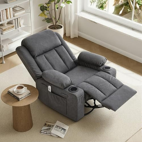 GAOHAPY Rocker Recliner Chair with Heat and Massage,360°Swivel Nursery Recliner Chair for Adults,Modern PU Leather Recliner Single Sofa Seat with 2 Cup Holders and Side Pocket (Grey) GAOHAPY