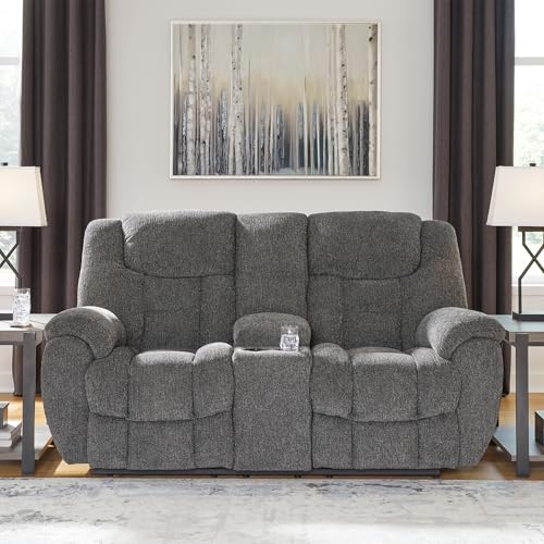 Signature Design by Ashley Foreside Contemporary Stain Resistant Manual Double Reclining Loveseat with Console, Storage and Cup Holders, Gray Signature Design by Ashley