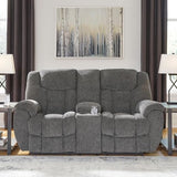 Signature Design by Ashley Foreside Contemporary Stain Resistant Manual Double Reclining Loveseat with Console, Storage and Cup Holders, Gray Signature Design by Ashley
