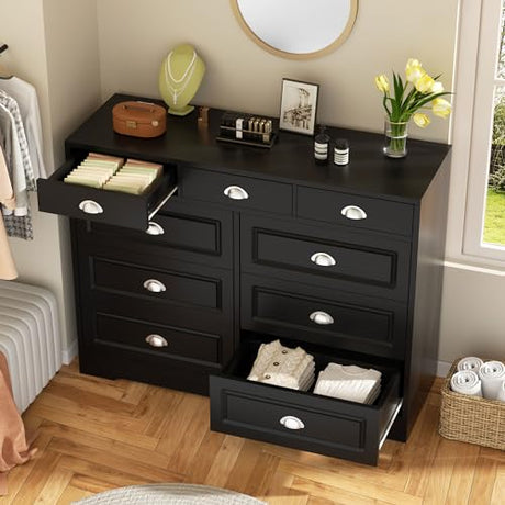 Shintenchi Dresser for Bedroom with 9 Drawers,Double Dresser & Chest of Drawers Wooden Organizer with Metal Handle, Storage TV Stand for Living Room Shintenchi