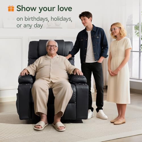 Power Lift Recliner Chair for Elderly with Heat & Massage, 160° Electric Adjustable PU Leather Recliner with Remote Control, Stand Assist, Cup Holders & Side Pockets for Living Room (Black) Vogue Furniture Direct