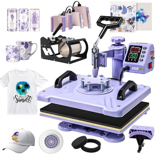 AKEYDIY Heat Press 15x12 Inch, 8 in 1 Heat Press Machine for T-Shirts Hat Cap Mug Plate, 360° Swing Away Shirt Pressing Machine, Sublimation Heat Transfer Machine with Tumbler Press Hat Press, Purple AKEYDIY