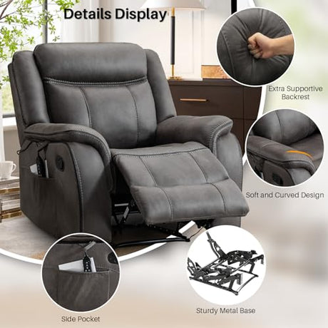 BAMCANFUR Massage Recliner Chair with Heated, Faux Leather Recliner Chairs for Adults, 39" Wide Manual Reclining Ergonomic Lounge Chair for Living Room with Overstuffed Backrest, Side Pocket, Grey BAMCANFUR