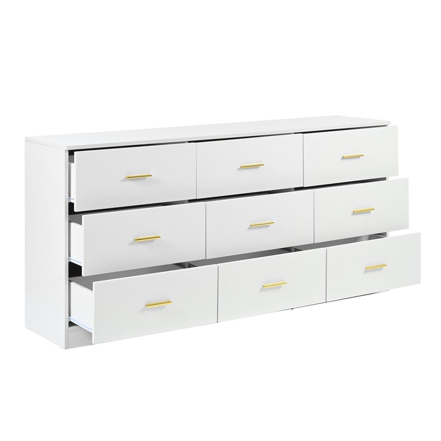 Angel Sar 9 Drawer Dresser for Bedroom, Modern White Dresser, Long Chest of Drawers with Golden Handles, Leg Free Design & Smooth Slides, Double Drawer Dresser for Closet, Sturdy Wooden Dresser