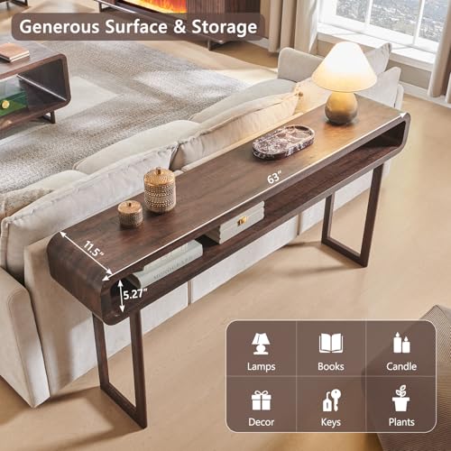 IFGET 63-Inch Long Console Table, 31.5" Tall Modern Entryway Table with Open Storage Shelf, Curved Profile Design, Narrow Wood Sofa Table Behind Couch Tables for Living Room, Hallway, Foyer, Brown IFGET