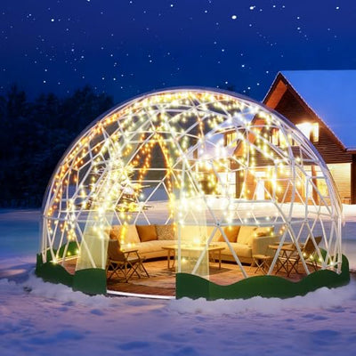 12FT Garden Dome Tent, Geodesic Dome Greenhouse with PVC Clear Cover, Waterproof Garden Bubble Dome Tent House with 2 x 10M Light Strings for Outdoor, Patio, Party (Green, 12.5FT/3.8M)